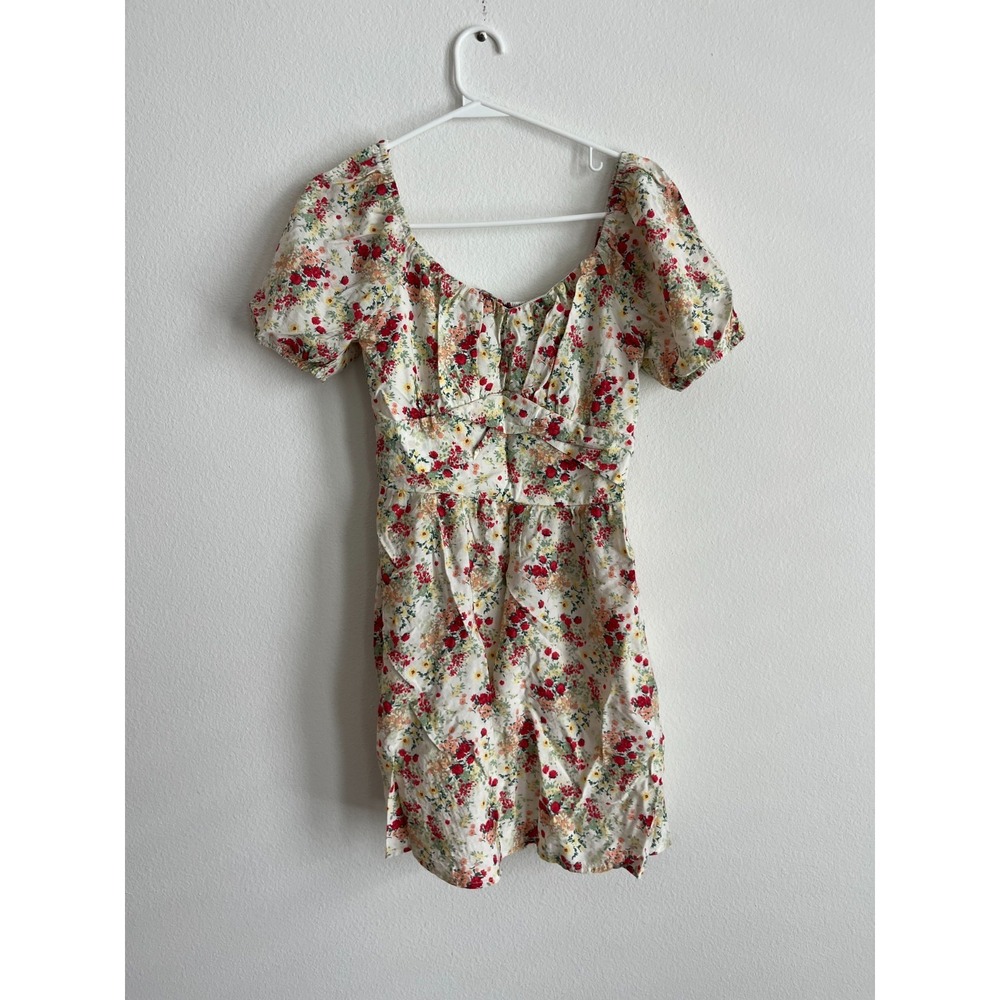 As U Wish Mini Dress Womens Small Multicolor‎ Floral Smocked Back Puff Sleeve